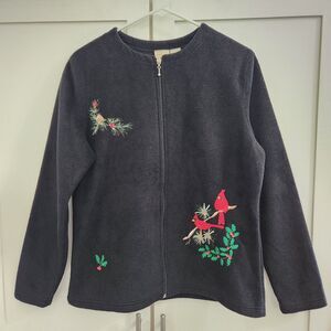CC Hughes Full Zip Sweater Womens Small Birds Embroidered Holiday Cardinal